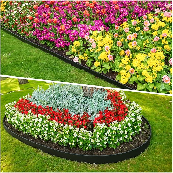 4in Tall,33ft Landscape Edging Kit with 50pcs Metal Spikes, Reinforced Rib Design,No-Dig Flexible Plastic Edge Border for Landscape, Lawn,Garden,Flower Beds,Yard,Paver,Playground, Fence,Pathway,Black