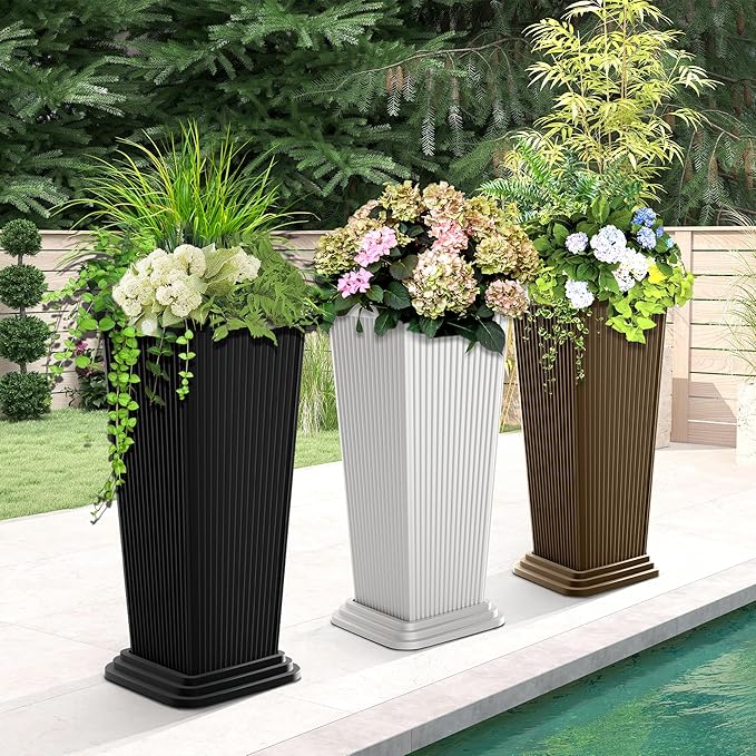 24" Tall Planters for Outdoor Plants, Set of 2 Large Outdoor Planters for Front Porch Decor with Drainage Hole, Front Porch Decor (Stripes-Black)