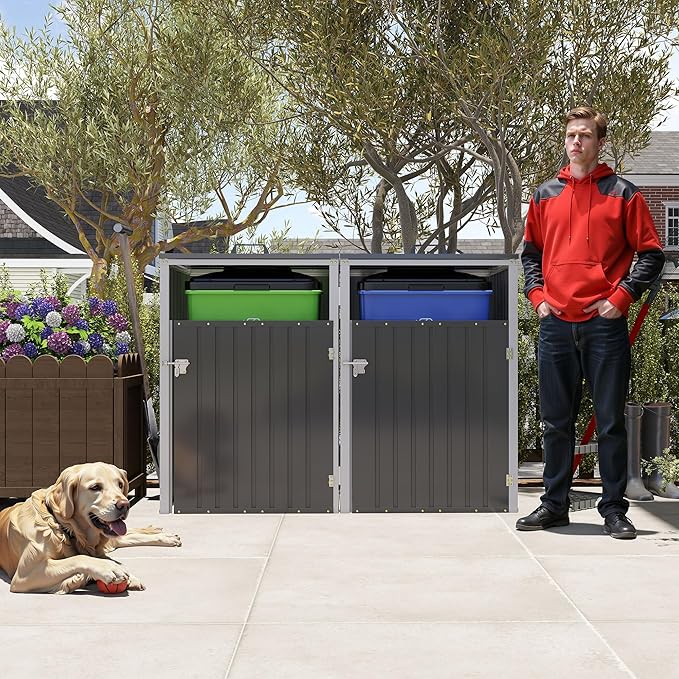 Outdoor Storage Shed Metal Trash Can Storage,54 Cu.Ft Garbage Can Storage Shed W/Lid Chain,Hydraulic Mechanism & Pneumatic Spring Support Rods,for 2 Trash Bins,Bike,Garden Tools,Dark Gray