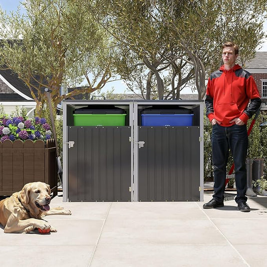 Outdoor Storage Shed Metal Trash Can Storage,54 Cu.Ft Garbage Can Storage Shed W/Lid Chain,Hydraulic Mechanism & Pneumatic Spring Support Rods,for 2 Trash Bins,Bike,Garden Tools,Dark Gray