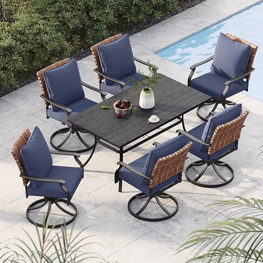 Grand patio 7-Piece Outdoor Dining Set, 6 Leather-Look Wicker Swivel Blue Patio Chairs & 1 Rectangular Dining Table, Black
