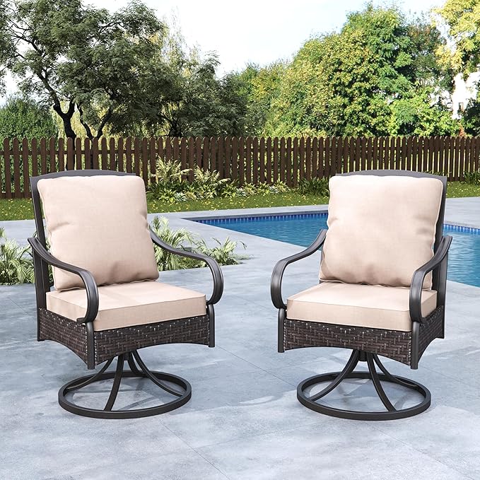 MFSTUDIO Outdoor Swivel Chair Set of 2, Patio Dining Chairs with Thickened Cushions, Metal Wicker Swivel Dining Chairs, Outdoor Furniture Chairs for Table, 300lbs