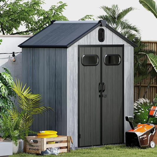 6X4FT Outdoor Resin Storage Shed, Waterproof Plastic Garden Shed with Lockable Door, Windows & Vents, Outside Storage Tool Shed for Patio Furniture, Lawn Mower, Bike