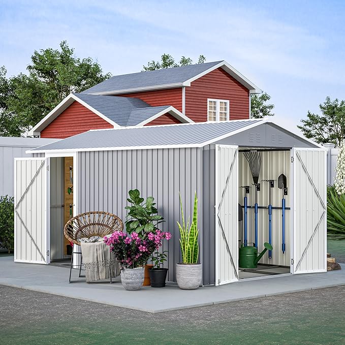 8x12 FT Sheds & Outdoor Storage with Double Doors & Floor Frame Heavy-Duty Metal Outdoor Storage Shed With Vents, Sloping Roof Waterproof Tool Sheds Perfect to Store Patio Furniture, Garden Tools Grey