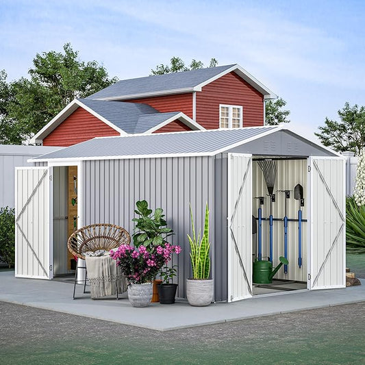 8x12 FT Outdoor Storage Shed with Gable Roof, Lockable Double Doors & Adjustable Side Door, Weatherproof with Frame Floor, Large Metal Utility Shed for Garden, Backyard, Patio