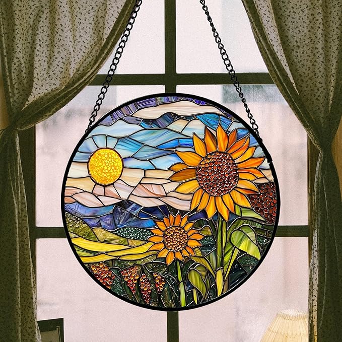 AMDERVEN Stained Glass Suncatcher, Sunflower Flowers Landscape Sun Catcher Plant Mountains Stain Glass Window Hanging Decoration Mother's Day Birthday Gifts for Women Men Mom Nana 7.8 in