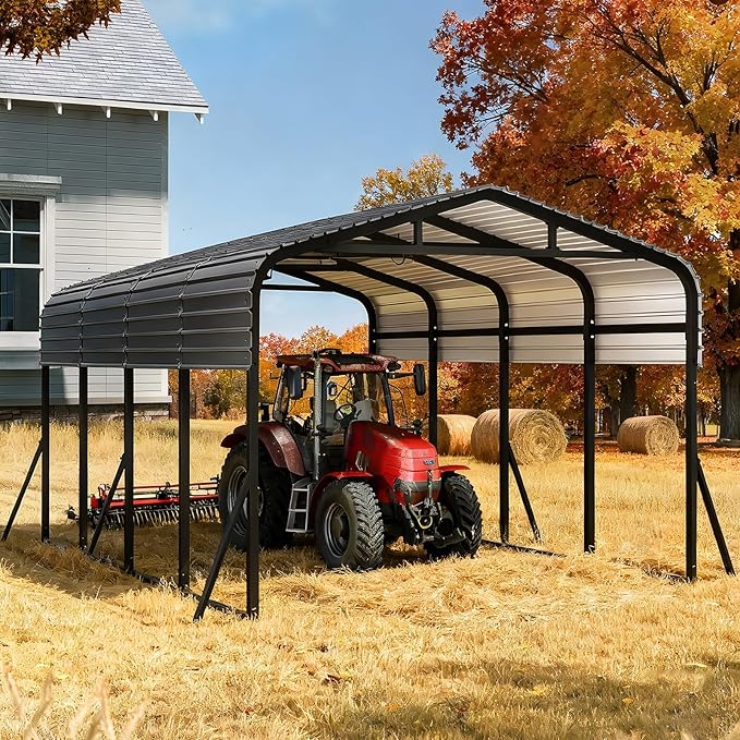 Heavy Duty Metal Carport Canopy, 12x20 FT Outdoor Car Port with Waterpoorf Metal Roof& Side Support Rods, Multi-Use Shelter Outdoor Garage for Car, Boats and Truck