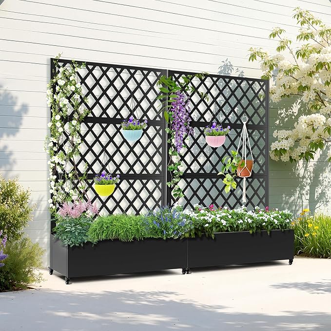 Metal Planter Box with Trellis & Wheels, Raised Garden Bed with Privacy Screen, Outdoor Standing Flower Beds with Drainage Hole for Climbing Plants, Vine, 47.2''L×15.7''W×70.9''H, Black