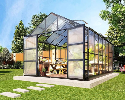 AMERLIFE 10'×14'×8.4' Outdoor Polycarbonate Greenhouse, Heavy-Duty Aluminum Frame Garden Greenhouse with 4 Roof Vents, Rain Gutters & Lockable Door, Fit for Backyard Garden, Black