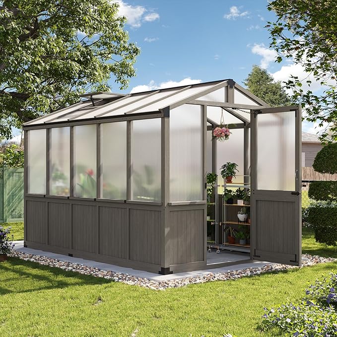 Aoxun 6x10 FT Wood Green House for Outdoors, Polycarbonate Panel Wooden Walk-in Greenhouse Kit with Automatic Temperature Control Roof Vent and Lockable Door, for Outside Backyard Garden, Gray