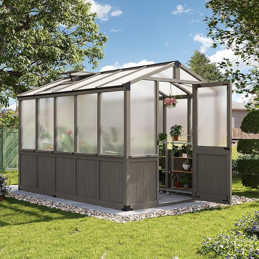 Aoxun 6x10 FT Wood Green House for Outdoors, Polycarbonate Panel Wooden Walk-in Greenhouse Kit with Automatic Temperature Control Roof Vent and Lockable Door, for Outside Backyard Garden, Gray