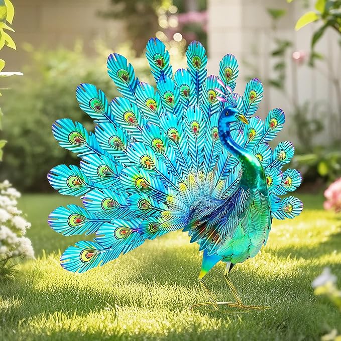 Ultym 27.5in Tall Metal Peacock Garden Statue - Handmade, 3D Textured, Tail Spread Sculptures for Patio, Garden or Entryway.