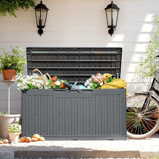 Flamaker Outdoor Storage Box 100 Gallon Waterproof Resin Deck Box Delivery Box with Air Rod Indoor Outdoor Lockable Storage Bench for Patio Cushions, Tools, Pool Accessories (Gray)