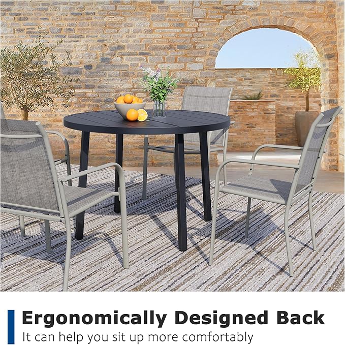 5 Pieces Patio Dining Set for 4, Grey Patio Stackable Chairs and Black Round Table Set of 4, Outdoor Furniture Set with Sling Support for Outside, Garden