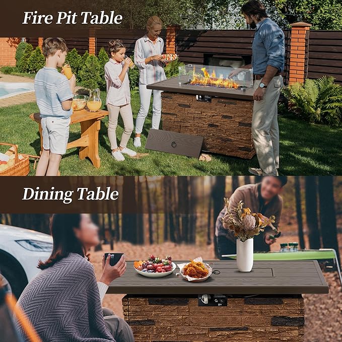 PIZZELLO 43” Propane Fire Pit Table Outdoor Rectangular Stone Firepit Table 50,000 Btu Propane Fire Tables for Outside Patio with Glass Wind Guard, Lid, Fire Glass Beads,Brown Rock Look
