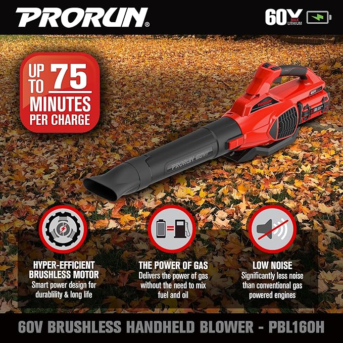 PRORUN 60V 680 CFM 190 MPH Brushless Cordless Handheld Leaf Blower with 2.5 Ah Battery and Charger PBL160H