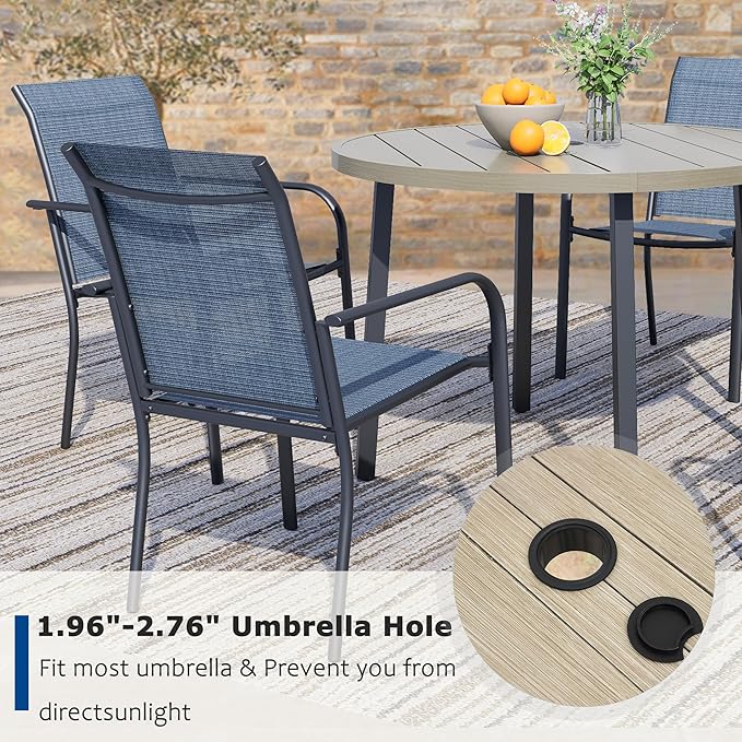 5 Pieces Patio Dining Set for 4, Blue Patio Stackable Chairs and Honey Oak Round Table Set of 4, Outdoor Furniture Set with Sling Support for Outside, Garden