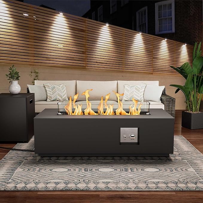 42" Rectangular Propane Fire Pit Table 50,000 BTU Fireplace Table with Wind Guard, Lid, Rocks and Cover - Fire Pits & Outdoor Fireplaces - Gas Fire Pits for Outside Patio (Black, 42")