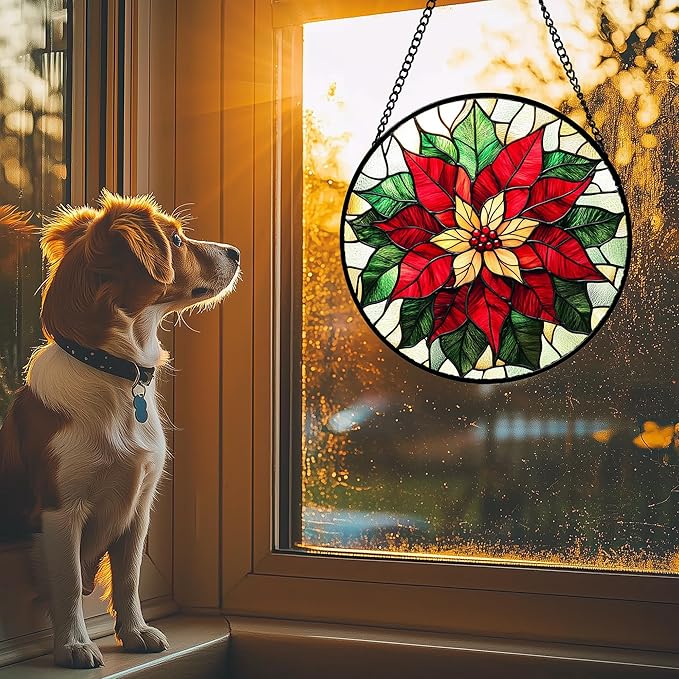 AMDERVEN Stained Glass Window Hanging - Red Poinsettia Birth Flower Sun Catcher for Door Garden Home Decor Suncatcher Christmas Mother's Day Birthday Gifts for Women Men Mom Girl Nana Friend 15 in