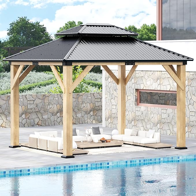 ROCSUMOO 13'x 15' Outdoor Wooden Gazebo, Patio Hardtop Gazebos with Double Roof, Double Galvanized Steel Hardtop Roof Wood Frame with Netting and Curtains (13'x 15')