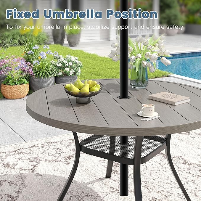 DIFY 48" Round Patio Dining Table for 6, Outdoor Metal Dining Table with 1.57" Umbrella Hole for Backyard Lawn Garden, Grey Wood-Like