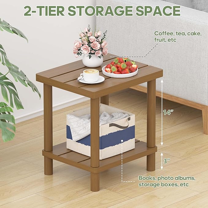 LEJANEOYE Outdoor Side Table, 2-Tier Small Outdoor Table for Patio, Adirondack Side Tables for Outside or Indoor, Bamboo End Table for Pool, Porch, Weather Resistant Easy Maintenance,Brown