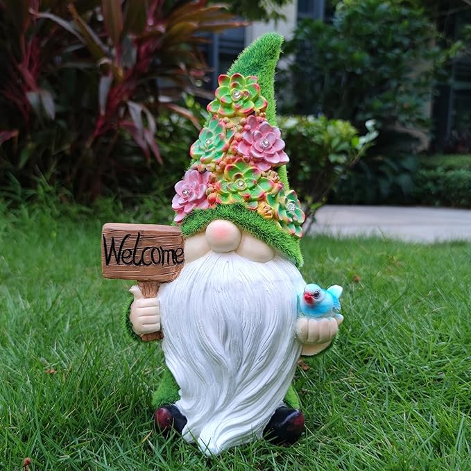 VIOYOUNS Solar Gnomes Garden Statues,Resin Gnome Figurine Holding Welcome Card and Bird with Solar Lights, Outdoor Gnomes Decorations for Yard Patio Lawn Porch, Garden Gifts