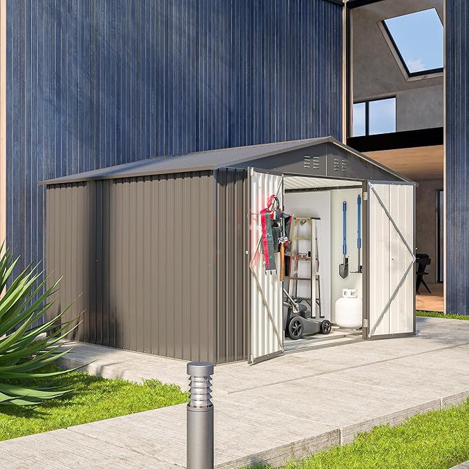 Favfurish Outdoor Storage Shed 10x8FT, Heavy Duty Tool Sheds with Lockable Door & Shutter Vents, Waterproof Garden Shed for Backyard Lawn Patio, Black