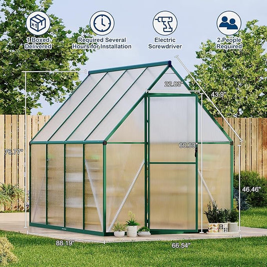 GAOMON 6x7 FT Outdoor Greenhouse with Roof Vent - Heavy Duty Aluminum Polycarbonate Greenhouse, Easy Assembly, Lockable Door, for Patio, Backyard, Garden