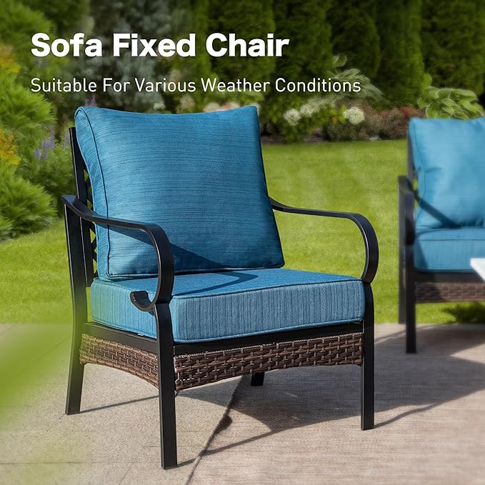 5 Piece Black Metal Outdoor Patio Furniture Set with Firepit Table, Patio Conversation Sets 1 3-seater Sofa, 1 2-seater Sofa, 2 Single Sofa with 5.75" Cushion for Backyard Deck, Blue-2