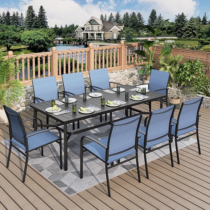 9 Pieces Patio Table and Chairs Set, Patio Dining Set for 8, 8 Textilene Chairs and 1 83” Rectangular Patio Dining Table with Umbrella Hole, for Deck Backyard Lawn Poolside, Blue