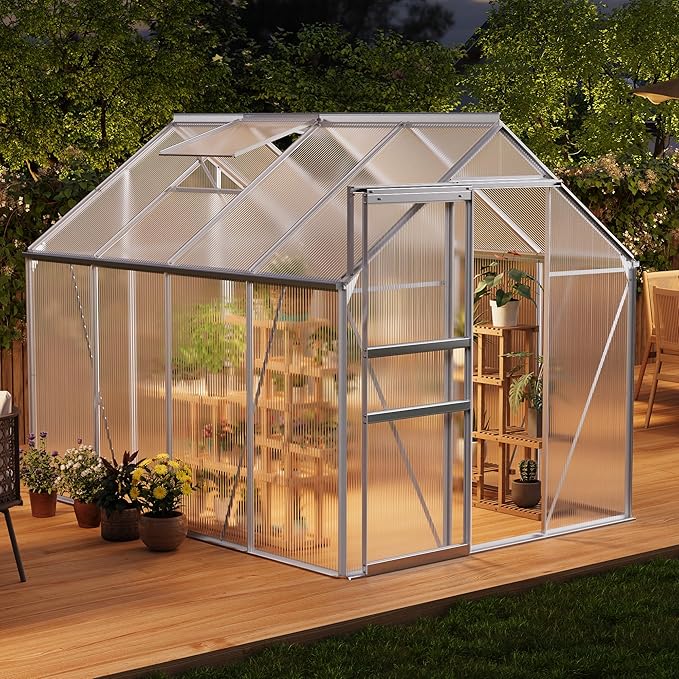 GarveeHome 6 x 8 FT Polycarbonate Greenhouse, Winter Greenhouses for Outdoors with Aluminum Frame, Sliding Door, Adjustable Roof Vent, Backyard Green Houses, Patio Garden, Silver