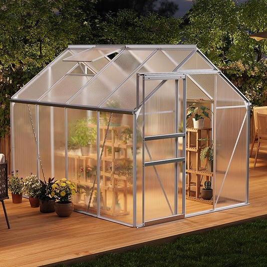 Garvee 6 x 8 FT Outdoor Greenhouse, Polycarbonate Greenhouses with Aluminum Frame, Sliding Door, Adjustable Roof Vent for Backyard, Green Houses for Outside Garden Backyard, Patio, Silver
