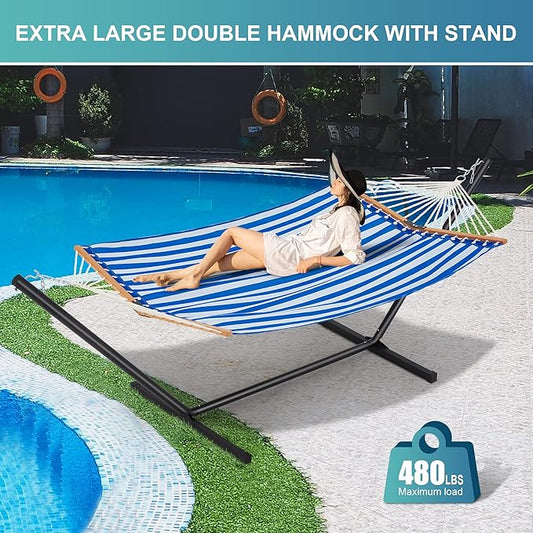 Two Person Hammock with Stand for Outside Heavy Duty, Outdoor Patio Hammock with Portable Steel Stand, Large Double Hammocks with Quick Dry Textilene Fabric,480lbs Capacity.(Blue White)