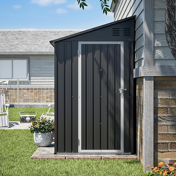 4x8 FT Lean to Metal Shed,Outdoor Storage Shed W/Floor Frame & Reversible Installation,All Weather Waterproof Garden Tool House W/Lockable Door & 2 Air Vents,for Backyard,Patio,Lawn,Black