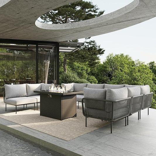 9 Piece Modern Outdoor Rope Wicker Sectional Patio L-Shaped Conversation Sofa Set Deep Seating with Fire Pit Table