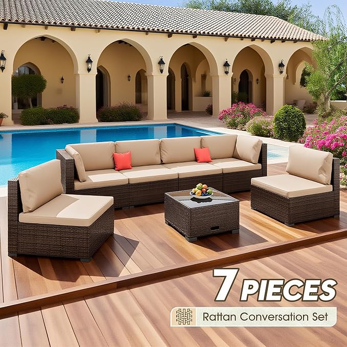 7 Piece Patio Sectional Furniture Set Outdoor Furniture Brown Rattan Outdoor Sectional & Patio Sectional - Hand-Woven Wicker Outdoor Sectional Beige Cushions Glass Table