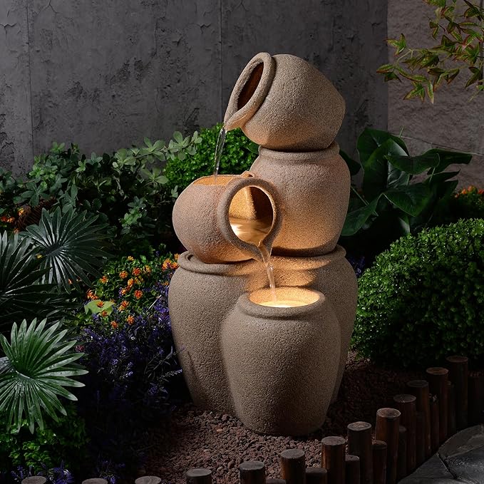 Puulye 29.53" H Outdoor Water Fountain Made with Eco-Friendly Recyclable Materials, Polyethylene Cascading Waterfall Outdoor Fountain, Garden Decor with LED Light & Pump for Patio, Backyard