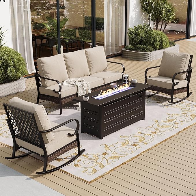 4 Piece Black Metal Outdoor Patio Furniture Sets with Firepit Table, Patio Conversation Sets 1 3-Seater Sofa, 2 Rocking Sofa with 5.75" Thick Cushion Backyard Furniture for Deck, Beige