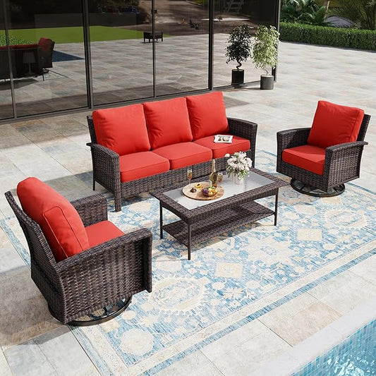 4-Piece Wicker Patio Furniture Set with Swivel Chairs, High Back Outdoor Sofa with 5.5-inch Thick Cushion, All-Weather Wicker Patio Conversation Set for Deck Yard Pool, Red