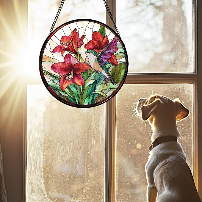 AMDERVEN Stained Glass Window Hanging - Hummingbird On Red Lily Flower Sun Catcher for Door Garden Decor Suncatcher Christmas Mother's Day Birthday Gifts for Bird Lovers Women Men Mom Nana 9.8 in