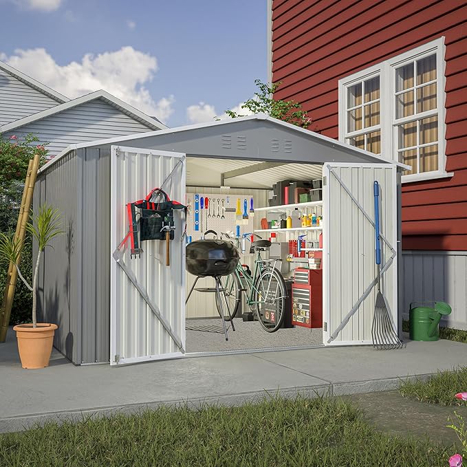 8x10 FT Outdoor Storage Shed, Metal Garden Shed with Lockable Hinged Doors, Outside Tool Shed with Sloped Roof & 4 Air Vents, Waterproof Storage Building for Backyard, Patio, Lawn, Gray