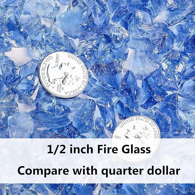 GRISUN Pacific Ocean Blue Fire Glass for Fire Pit, 20 Pounds 1/2 Inch Tempered Glass Rocks for Natural or Propane Fireplace, Safe for Outdoors and Indoors Firepit Glass