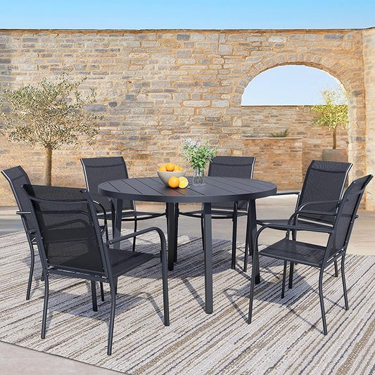 7 Pieces Patio Dining Set for 6, Black Patio Stackable Chairs and Black Round Table Set of 6, Outdoor Furniture Set with Sling Support for Outside, Garden