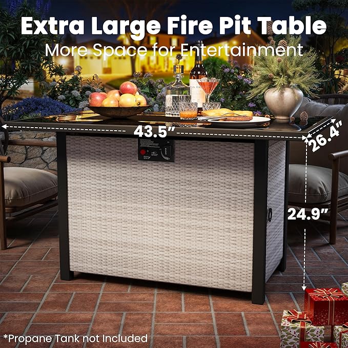 Propane Fire Pit Table, Outdoor Fire Pit Table, 43" Rattan Square Outdoor Gas FirePit with Glass Wind Guard, Tempered Glass Tabletop, Lid, CSA Listed, 60,000 BTU, Outside Patio & Garden, Gray-White