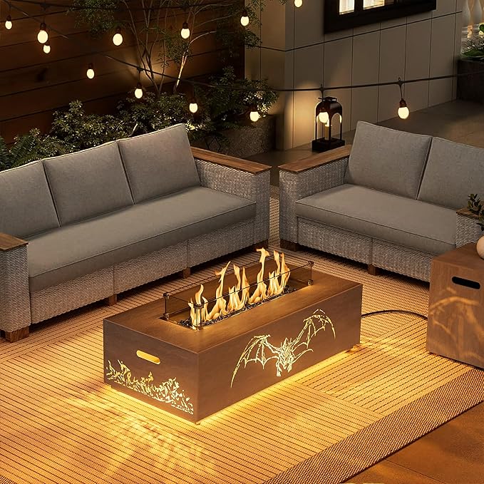 42" Propane Fire Pit table with LED Light - 50,000 BTU with Wind Guard, Lid, Rocks and Cover - Gas Fire Pits for Outside Patio - Fire Pit Tables for Outside Patio (Grey/Dragon Cutout, 42" LED)