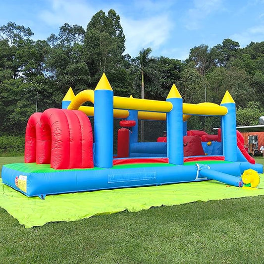 24FT Commercial Grade Inflatable Obstacle Course, (100% PVC) Bounce House for Big Kids 5-12 & Adult, with 2 Slides, (950w Blower), Bouncy House for Backyard Outdoor Birthday Party Decor