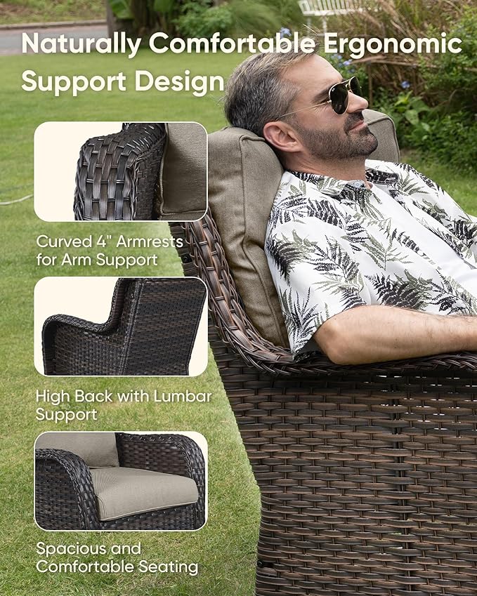 HUMMUH 6-Piece Outdoor Wicker Patio Furniture Set with Swivel Glider Chairs, 3-Seat Sofa & Ottomans 5” Olefin Cushions Ergonomic Neck-Lumbar Backrest All-Weather Rattan for Garden, Deck, Porch