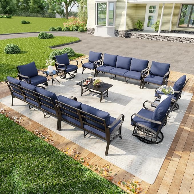 12-Piece Modern Patio Furniture Set, All Weather Metal Outdoor Conversation Sets with 5.1" Extra Thick Cushion for Backyard Garden Deck Porch Poolside, Blue