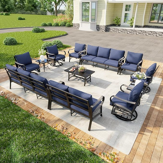 12-Piece Modern Patio Furniture Set, All Weather Metal Outdoor Conversation Sets with 5.1" Extra Thick Cushion for Backyard Garden Deck Porch Poolside, Blue